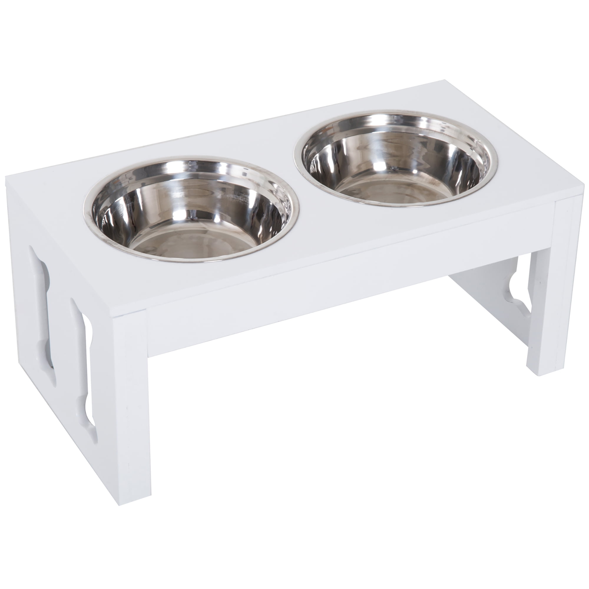 PawHut 10" Elevated Dog Pet Food Feeder Bone Heavy Duty double Bowl Wooden White