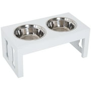 23" Modern Decorative Dog Bone Wooden Heavy Duty Pet Food Bowl Elevated Feeding Station, White