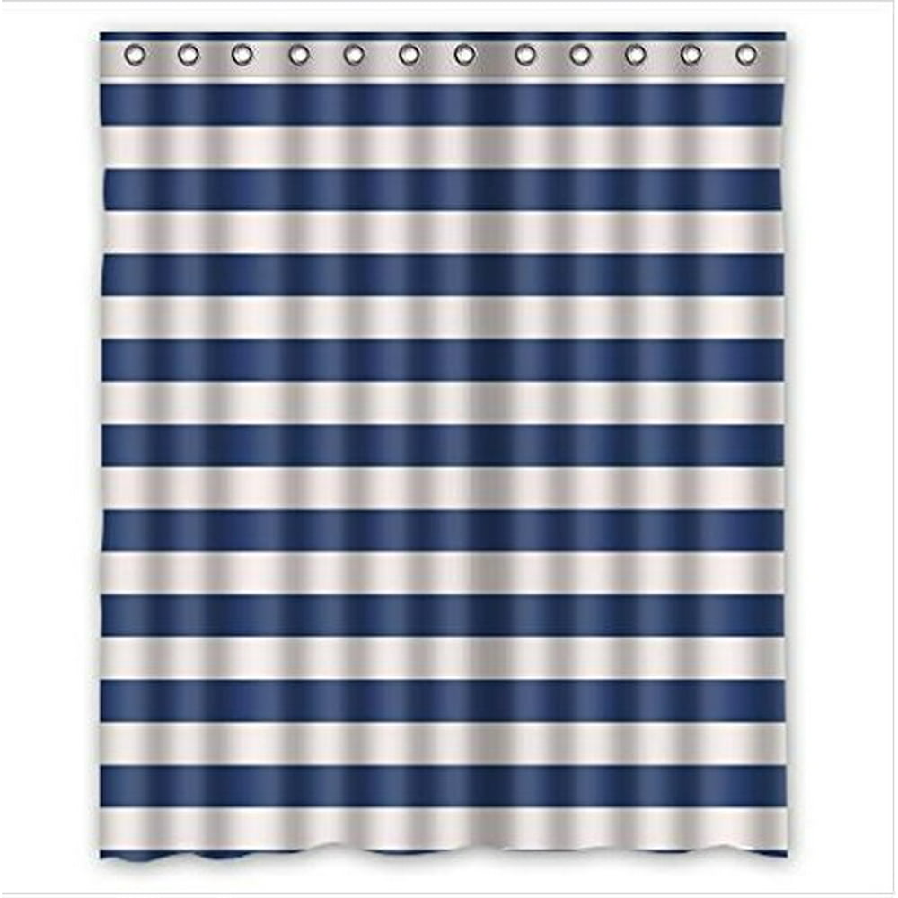 HelloDecor White and Navy Blue Stripe Shower Curtain Polyester Fabric