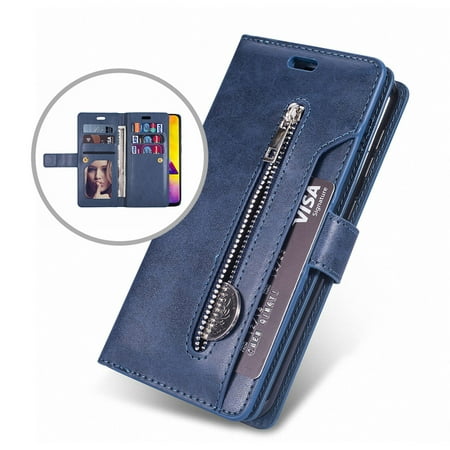 Samsung Galaxy M20 Wallet Case, Dteck 9 Card Holder Folio Flip Leather Magnetic Wallet Case with Strap, Money Pocket & Kickstand Full Protective Zipper Purse For Samsung Galaxy M20, Dark Blue