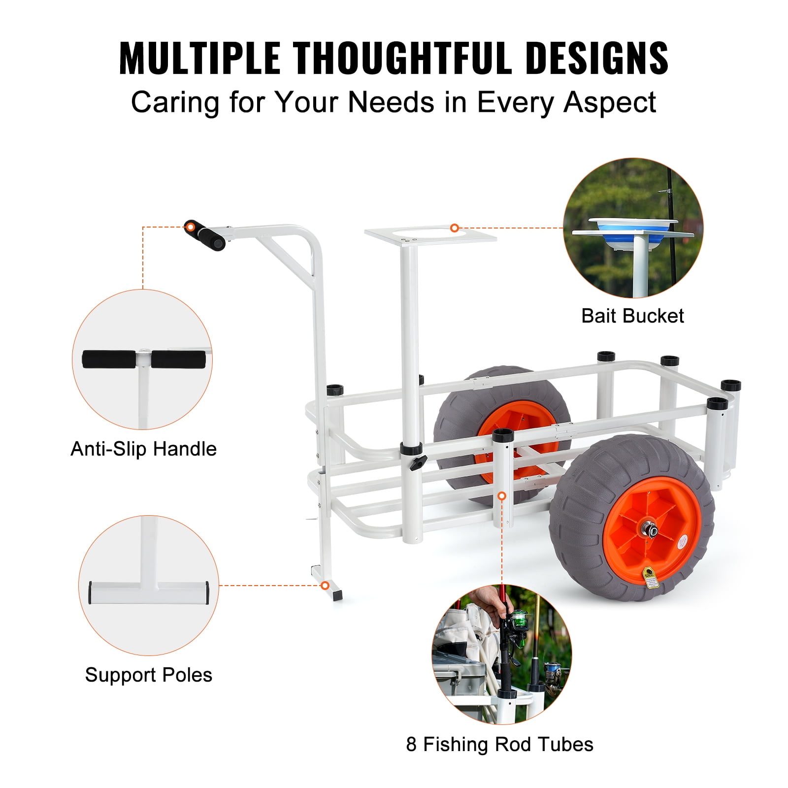 KFFKFF Sand Fishing Trolley, 350 lbs Capacity, Marine and Fish Cart with Dual 16" PU Balloon Wheels, Sturdy Aluminum Construction, 8 Rod Holders, Ideal for Fishing and Picnics