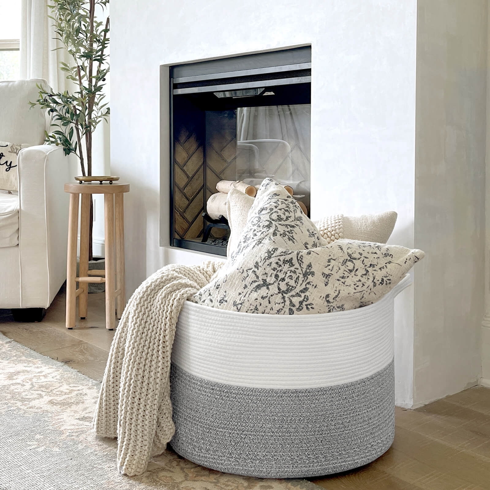 Timeyard Large Woven Laundry Hamper Basket - Decorative Storage Organizer for Living Room, Holds Toys Pillows Blankets Clothes - 21.7" x 21.7" x 13.8"-Light Grey