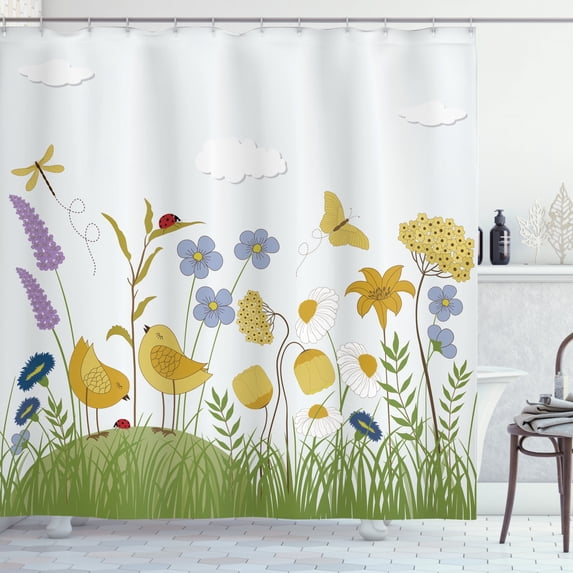 Garden Art Shower Curtain, Artistic Hand-Drawn Sketch of Lively Summer Garden with Birds and Wildflowers, Fabric Bathroom Set with Hooks, 69W X 84L Inches Extra Long, Multicolor, by Ambesonne