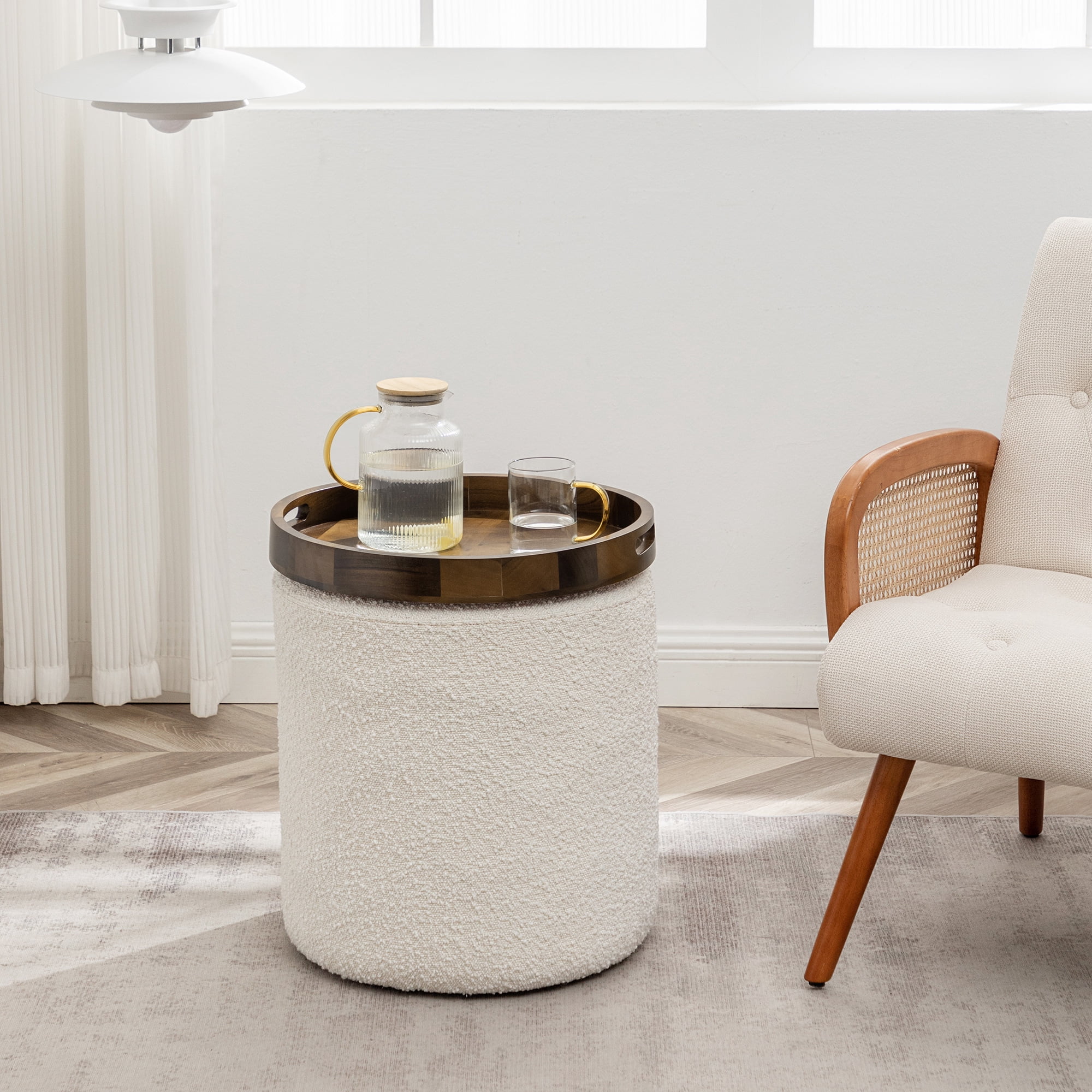 Modern Round Boucle Upholstered Ottoman with Soft Padded Seat, Multi-Functional Sofa Footrest, Side Table, Extra Seating for Living Room, Bedroom, Entryway 18" Dx 18" W x 18" H (Cream)