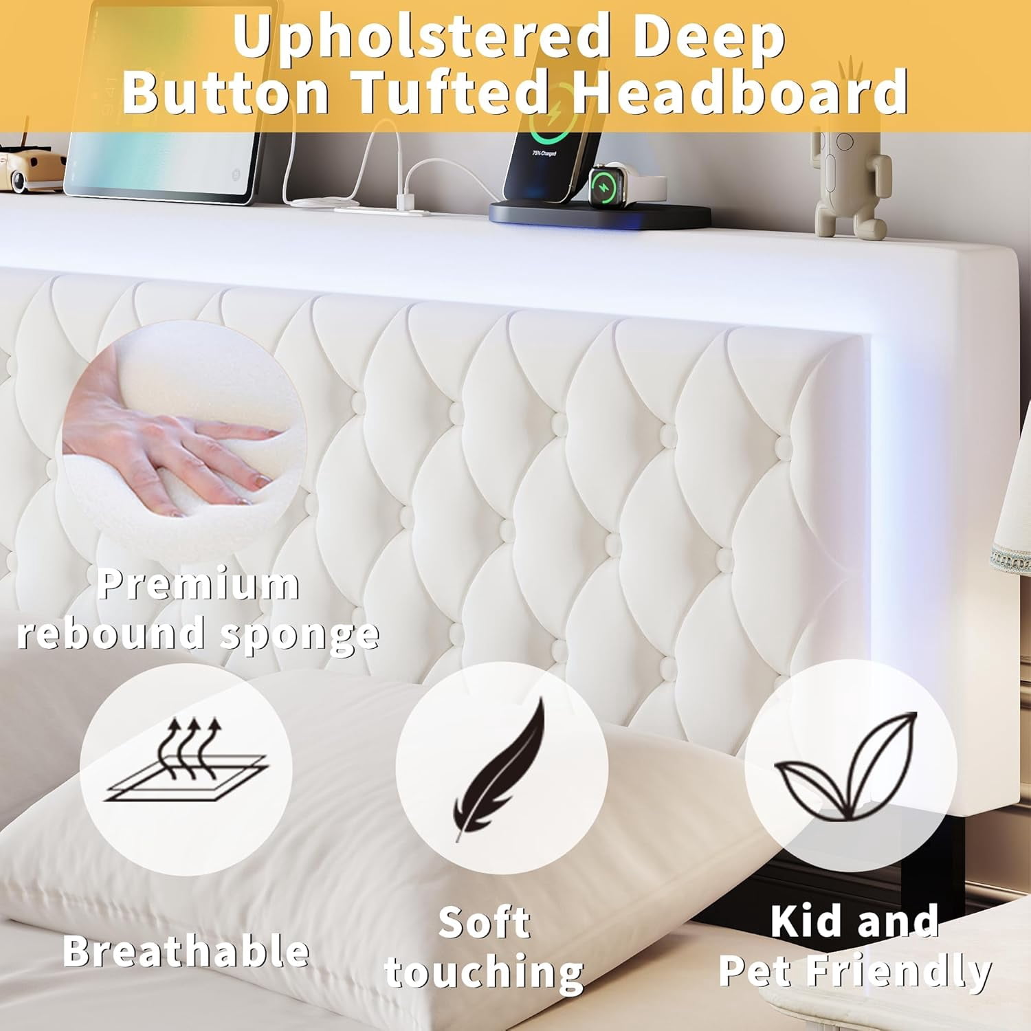 Queen Size Bed Frame with Storage, LED Bed Frame Queen with Adjustable Headboard, Upholstered Velvet Platform Queen Bed Frames with Charging Station, Wooden Slats Support, No Box Spring Needed, White