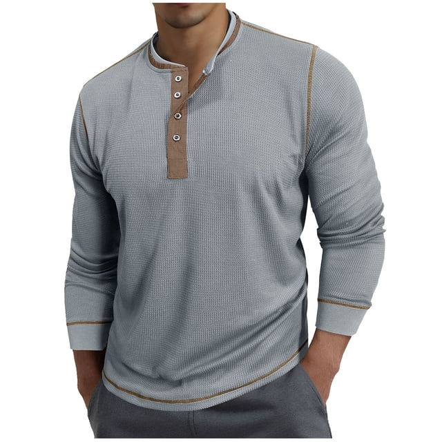 Long Sleeve Round Collar Waffle Knit Base Shirt for Men, Breathable Polyester Casual Top, Solid Color, Lightweight Spring Layering Shirt
