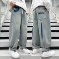 thumbnail image 5 of CPNG Youth Kids Boys Full Length Wide Leg Drawstring Jeans Baggy Straight Elastic Mid Waist Washed Denim Pants Cool Loose Trousers Y2k Streetwear, 5 of 5