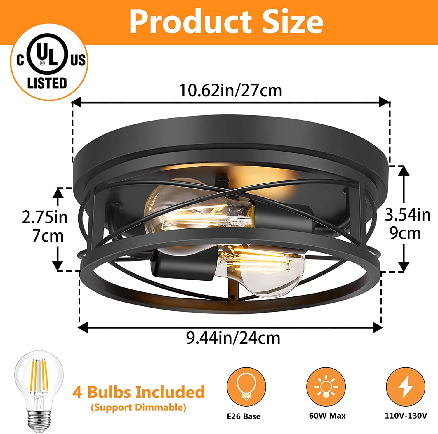 Pynsseu Farmhouse Flush Mount Ceiling Light, Oil Rubbed Black, Set of 2 with A19 LED Bulbs for Hallway, Bedroom