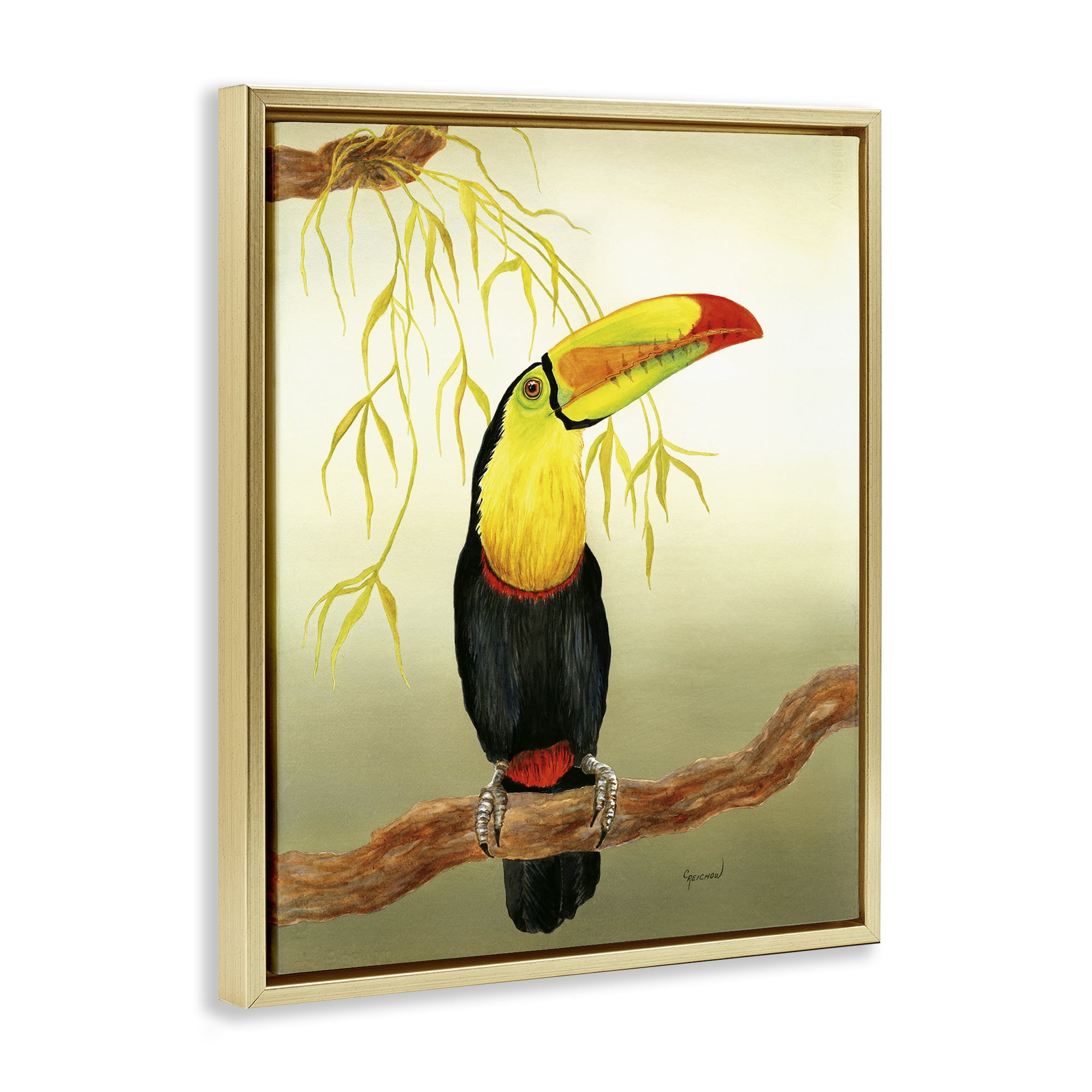 Stupell Industries One Toucan on Branch Animals & Insects Painting Gold Floater Framed Canvas Art Print Wall Art, 25 x 31