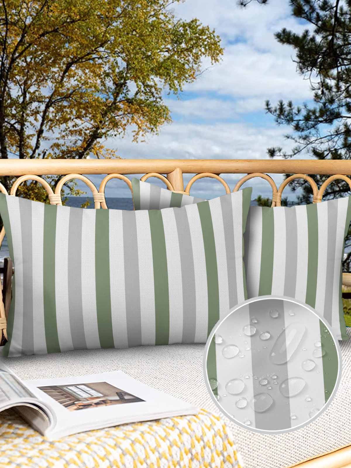 Outdoor Waterproof Throw Pillow Covers Set of 2 Sage Green Gray Stripes Decorative Pillowcases Lumbar Outdoor Pillows Cushion Case 20x12 Inch Lines Striped Patio Pillows for Couch Sofa Bed Garden