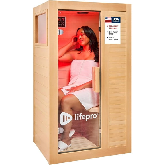 LifePro Rejuvacure Cozy 1-Person Far Infrared Sauna with Red Light, 7 Carbon Fiber Heaters, Canadian Hemlock, Bluetooth & Color Light Modes - Brown