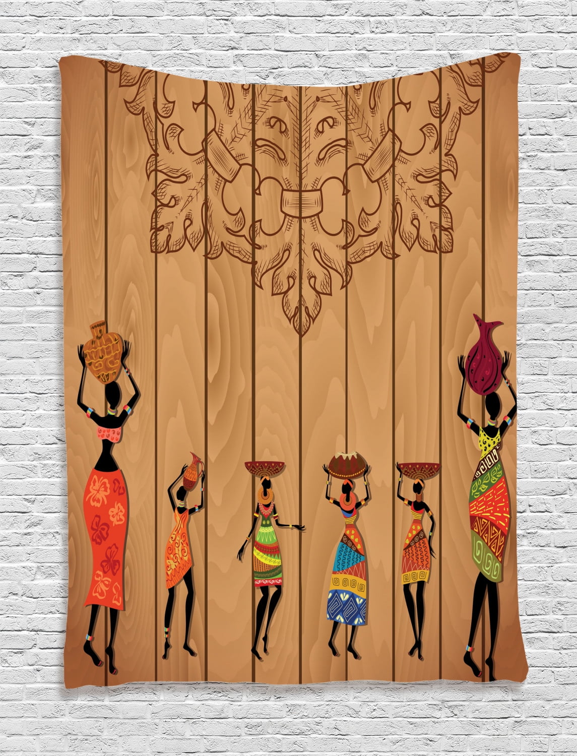 African Tapestry, Ancient African Girl Images on Vintage Wooden Texture Ethnic Female Fashion 