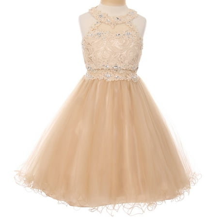 Sparkle Bridesmaid Dress - Little Girls Sparkle Rhinestones Halter Lace Junior Bridesmaid Pageant Flower Girl Dress Champagne 4 (C50C40C)
