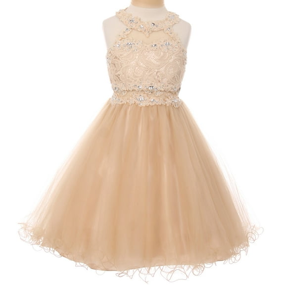 Little Girls Sparkle Rhinestones Halter Lace Junior Bridesmaid Pageant Flower Girl Dress Champagne 4 (C50C40C)