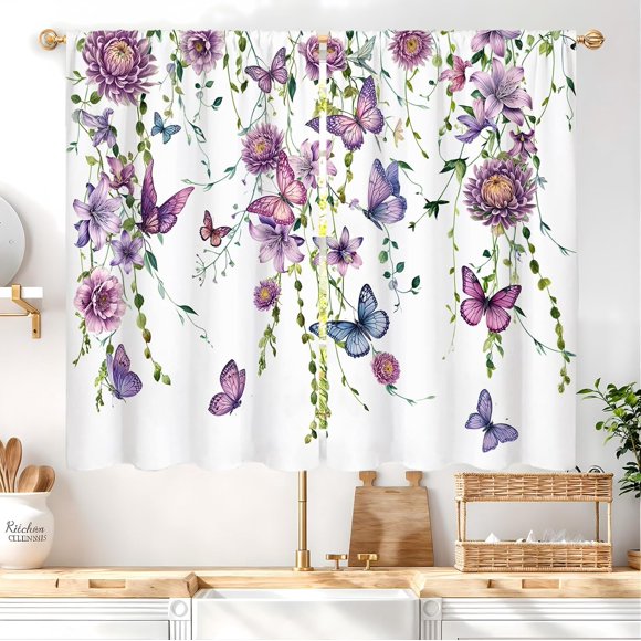 Purple Butterfly Kitchen Curtain 27.5W X 39L Inch 2 Panel Rod Pocket Lilac Floral Lavender Spring Floral Summer Farmhouse Simple Leaves Small Short Cafe Tier Girl Window Drapes Bathroom Decor