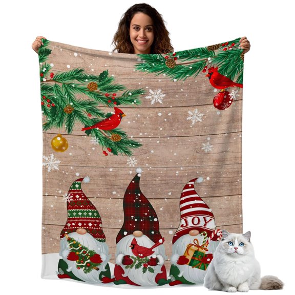 Throw Blanket for Couch, Merry Xmas Rustic Gnome Retro Palnk Soft Cozy Warm Flannel Blanket 30x40in, Christmas Tree Red Bird Lightweight Fleece Throw Blankets for Sofa Bedroom Office All Season Use
