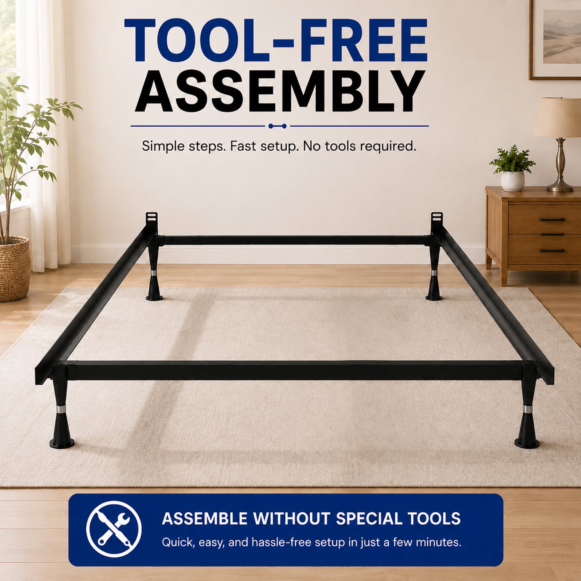 Continental Sleep, Advanced Metal Bed Frame for Box Spring and Mattress, Headboard Attachable, Noise-Free, Tool-Free Easy Assembly, 4-Legs Support, Full, Black