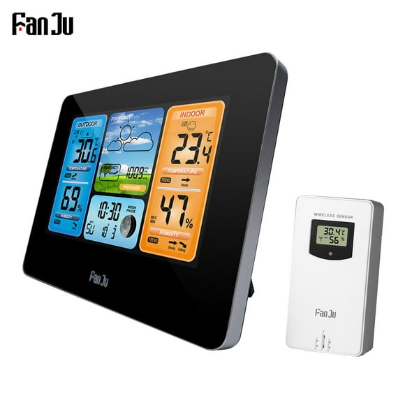 FanJu FJ3373 Multifunction Digital Weather Station LCD Alarm Clock Indoor Outdoor Weather Forecast Barometer Thermometer Hygrometer with Wireless Outdoor Sensor USB Power Cord