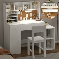 OGKBIR White Wooden Kids Study Desk and Chair Set, Childrens Desk with Light, 2 Drawers, 4 Storage Cabinets and 4 Storage Open Shelves, Boys & Girls Study Desk for Bedroom and Kidsroom