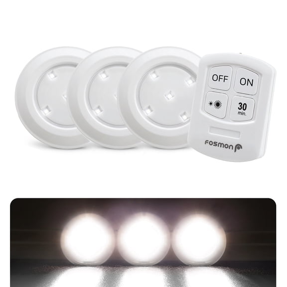 Fosmon Wireless LED Puck Light 3 Pack with Remote Control, Under Cabinet Lighting [5 Daylight White LED, Wide Floor Kitchen Closet Pantry Counter