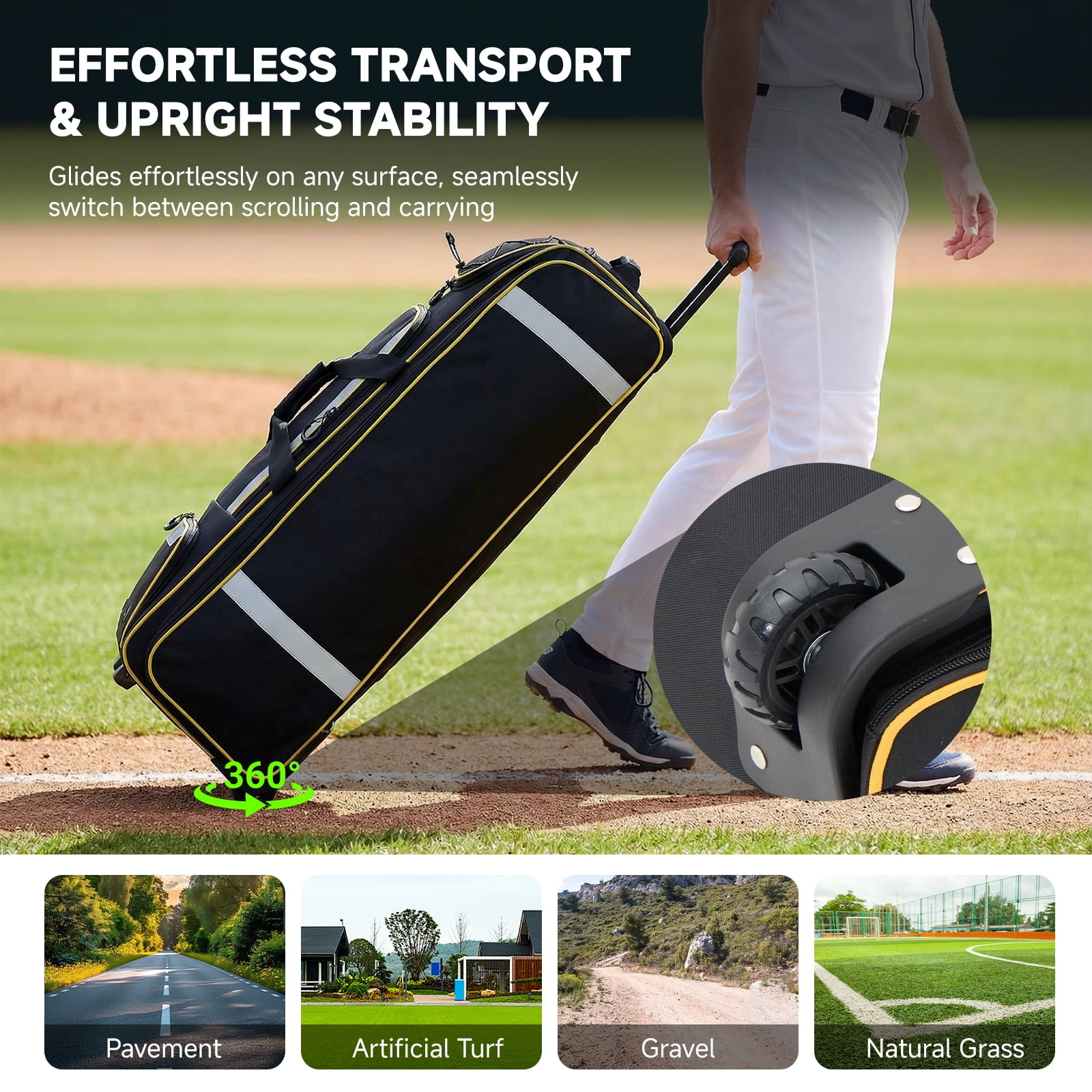 Fegat Rolling Baseball Bag with Wheels,100L Large Softball Bag Catchers Gear Bags for 8 Bats,Equipment Bag with 5 Fence Hooks,Reflective Strip,Shoe Compartment,Holds All Softball Baseball Equipment
