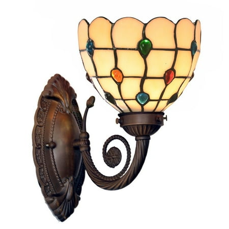 - Bieye Tiffany Style Stained Glass Jewels Wall Sconces with 7 inches Handmade Shade (Multi-colored Jewels Single Uplight)