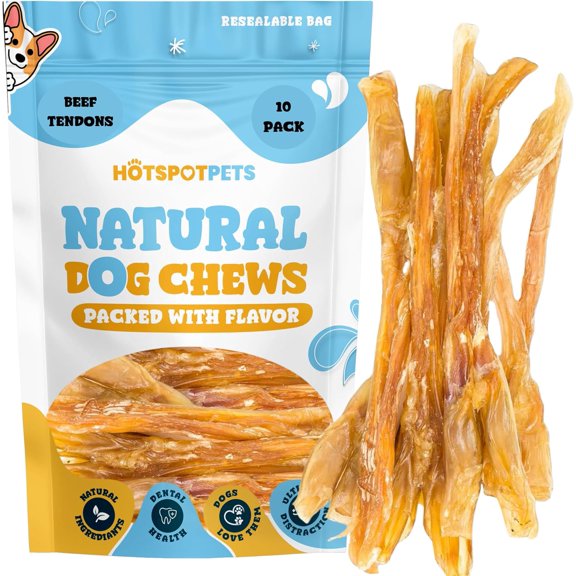 HotSpot Pets Natural Beef Tendon Chew Treats for Dogs, 8 Inch Stick, 10 Pack
