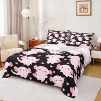Manfei Black Pink Axolotl Twin Sheet Sets for Teens, Romantic Love Heart Twin Fitted Sheet, Kawaii Animal Flat Sheet, Breathable Home Decor, 3-Piece