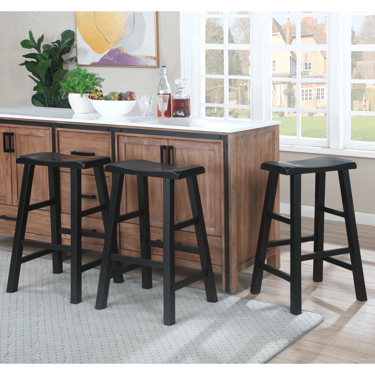 eHemco Heavy-Duty Solid Wood Saddle Seat Kitchen Counter Barstools, 29 Inches, Antique Black with Red Edging, Set of 3 - image 5 of 7