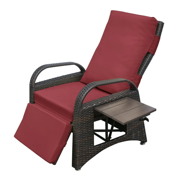 Outdoor Recliner Chair Brown Red, All-Weather PE Rattan Lounge Chair with Adjustable Recline, Built-in Table, Removable Cushion for Garden Patio Relaxation