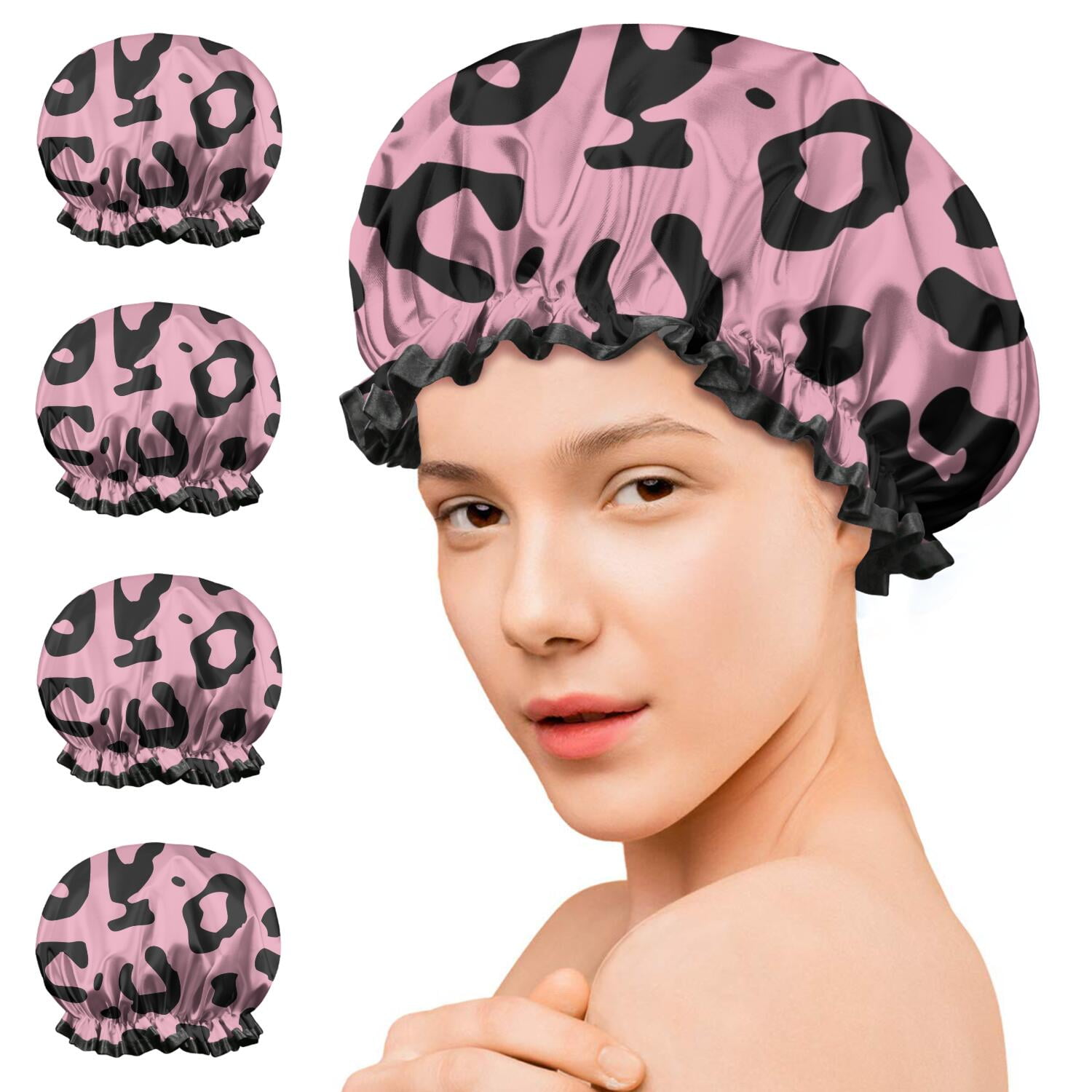 Shower Caps,Pink and Black Of Leopard Print Waterproof Shower Cap for Women 4 Pieces,Double Reusable Hair Cover for Shower PEVA Elastic Stretch Hem