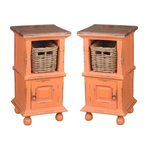Home Square Transitional Wood End Table with Basket in Coral Orange - Set of 2