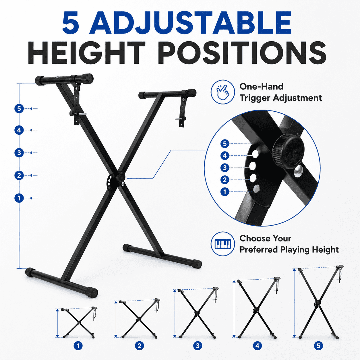 Kabuer Adjustable Single-X Piano Keyboard Stand with Locking Straps for Piano Accessory, Metal