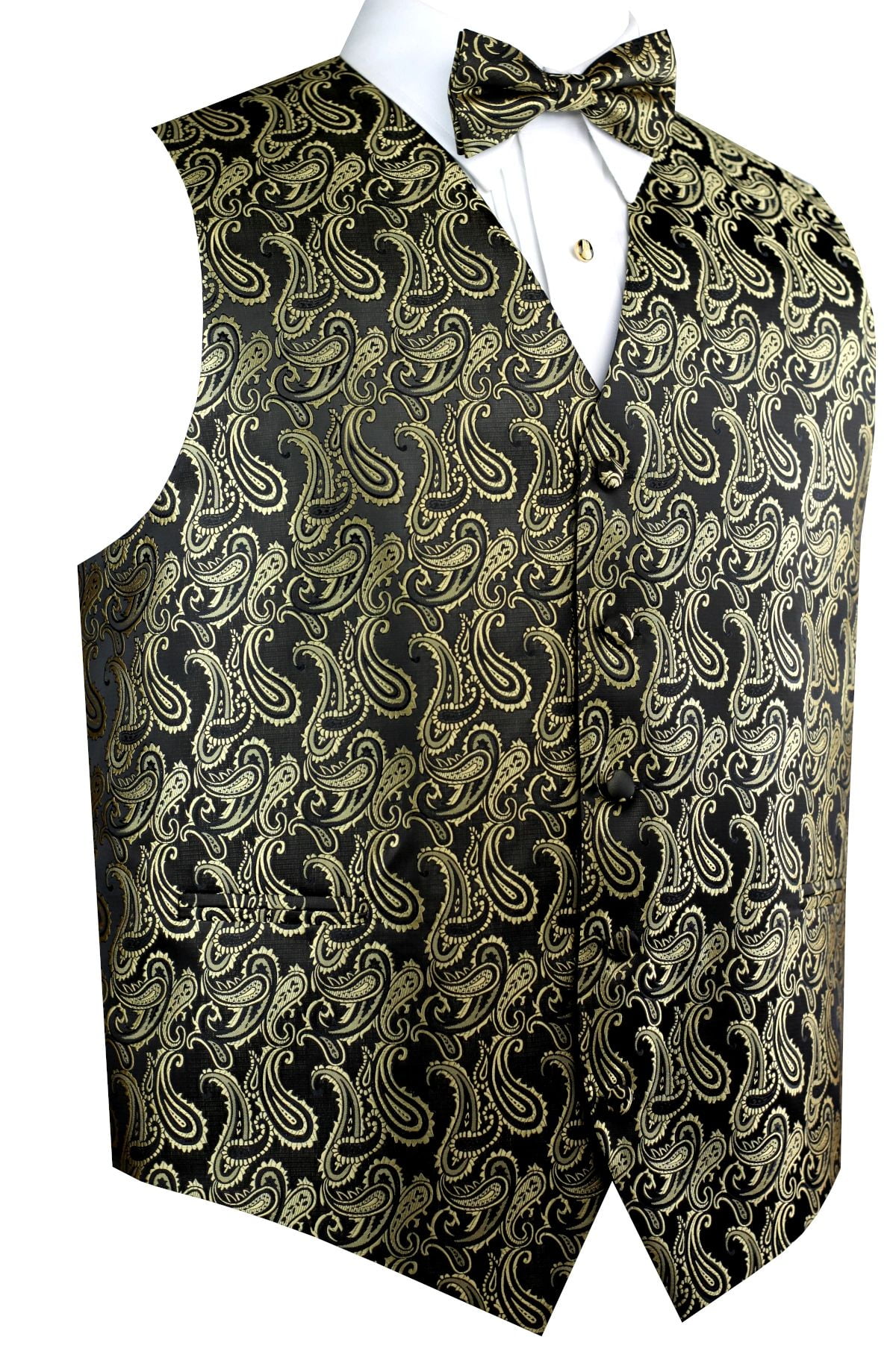 New Polyester Men's Tuxedo Vest Waistcoat & Bow tie_hankie Paisley Gold 
