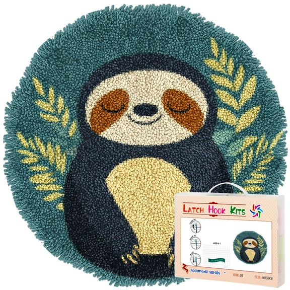 Latch Hook Rug Kit Cute Cartoon Sloth Graphic Stamped Handmade Round Shape Carpet Crochet Yarn Craft DIY Hook and Latch Door Mat Tapestry for Home Floor Decor 50x50cm(2)