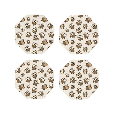 

Leather Coasters Set of 4 - Cute Brown Owl Lightweight Non-Slip Drink Coasters for Desk Anti-Scalding Desk Cup Coasters for Office Table Decor Octagon