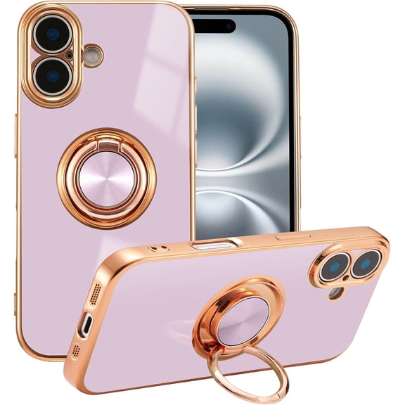 Case for iPhone 16, Phone Case with 360° Rotatable Finger Ring Holder Kickstand Magnetic Car Mount Supported Shiny Plating Gold Edge Slim Soft Silicone Protective Cover - Purple