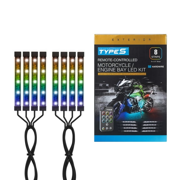 TYPE S - Remote-Controlled Motorcycle or Engine Bay Multicolor LED Ambient Lighting - 15 Colors, 24 Modes, Brightness Control, 3M Adhesive, 12V, 8 x 5.5" Strips, 44 inches