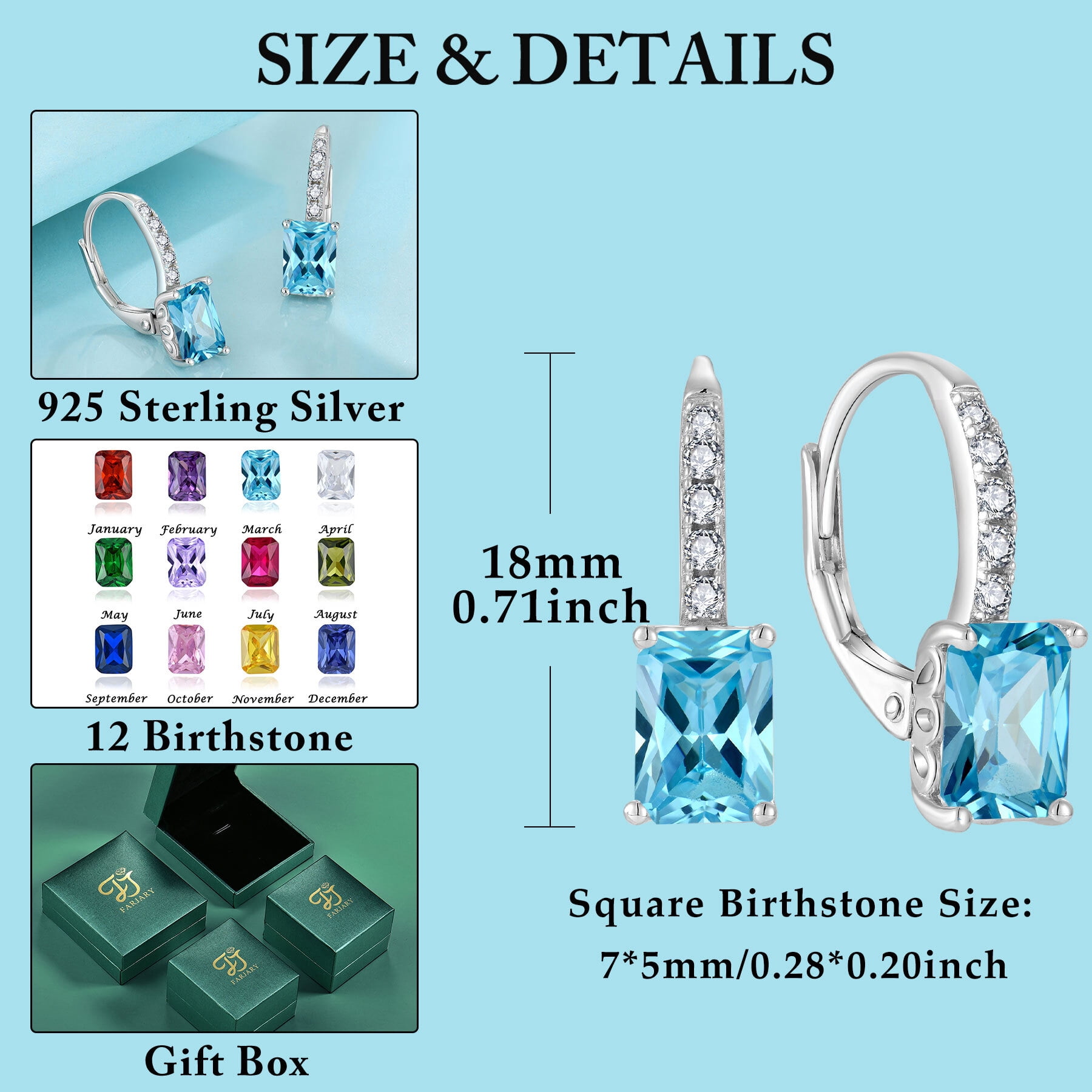 FJ Princess Cut Dangle Drop Earrings 925 Sterling Silver Square Leverback Earrings March Birthstone Aquamarine Jewelry Gifts for Women