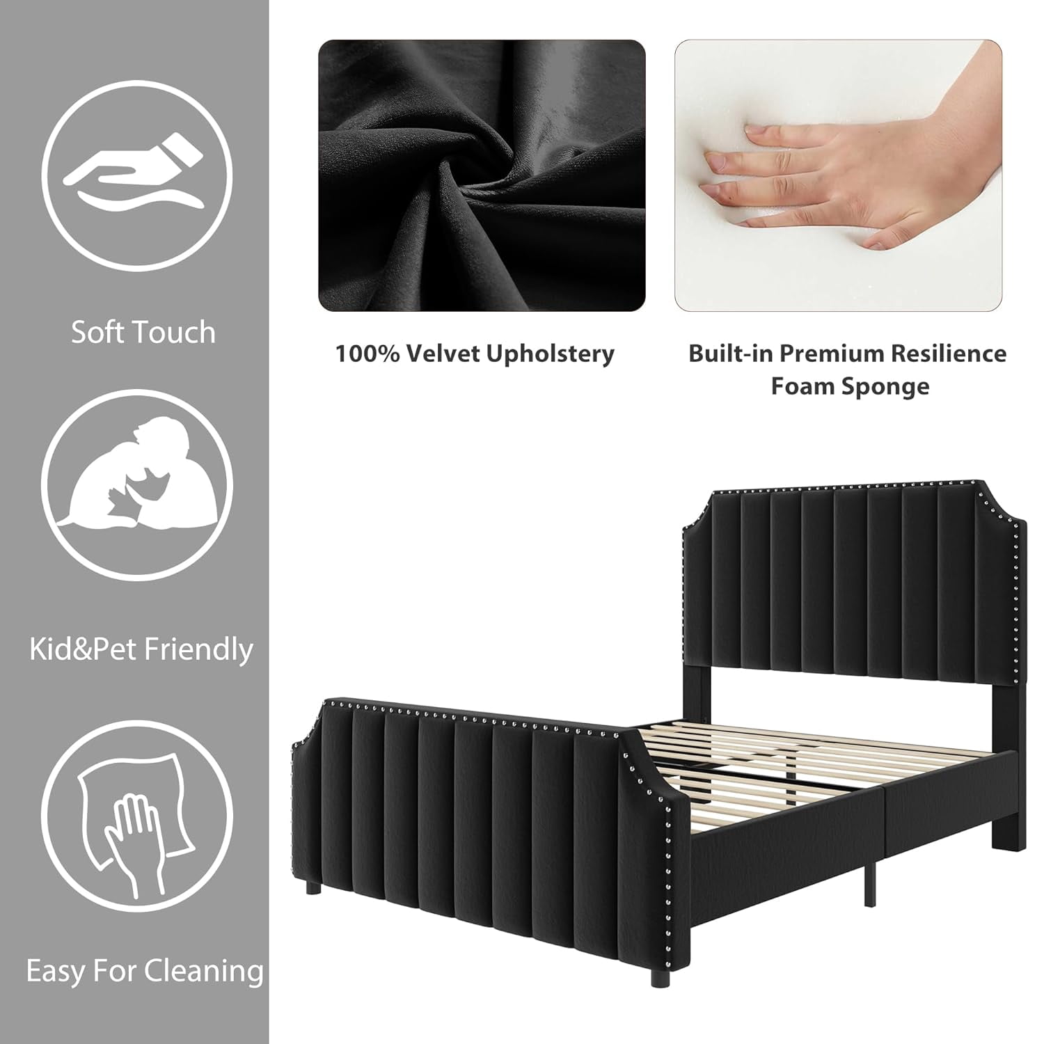 Queen Size Platform Bed Frame with 50.2 in Tall Headboard, Velvet Upholstered Bed Frame Queen with Vertical Channel Tufted Headboard & Footboard, Nailhead Trim, No Box Spring Needed, Black