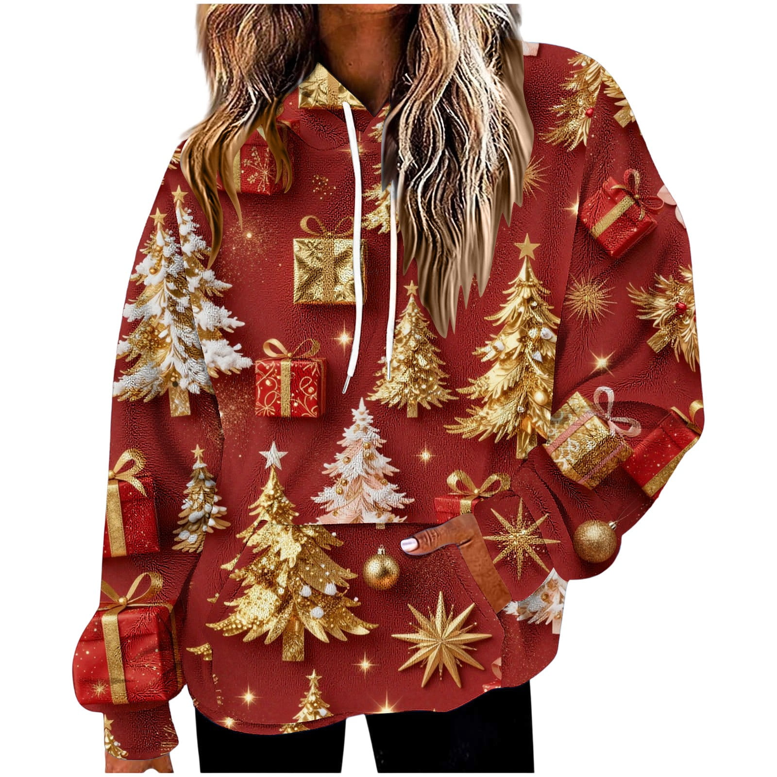 Womens Christmas Fleece Sweatshirts Hoodies Winter Long Sleeve Fuzzy Xmas Printed Warm Pullover Drawstring Blouse Loose Casual Oversized Fashion Vacation Gift Tops with Pockets Multicolor 21 S
