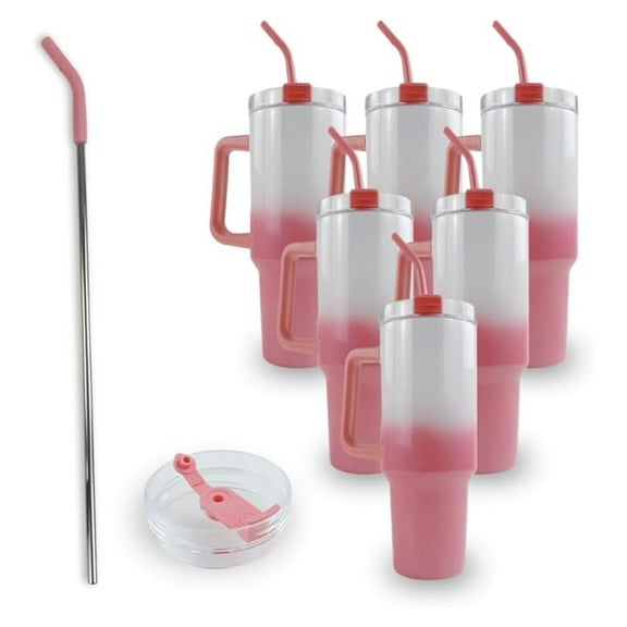 40oz Sublimation Tumblers - 6 Pack Holographic Pink Traveler Bulk, with Handle & Straw - Stainless Steel Double Wall Insulated for DIY Crafts