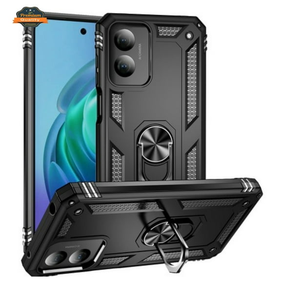 For Motorola Moto G Play 2024 Shockproof Hybrid Dual Layer PC TPU with Ring Stand Metal Kickstand Heavy Duty Rugged Phone Case Cover by Xpression - Black