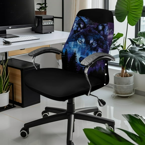 Xixirimido Galaxy Wolf Print Office Chair Covers, Stretch Computer Chair Cover, Universal Boss Chair Covers Rotating Chair High Back Chair Slipcover for Home Office, Large
