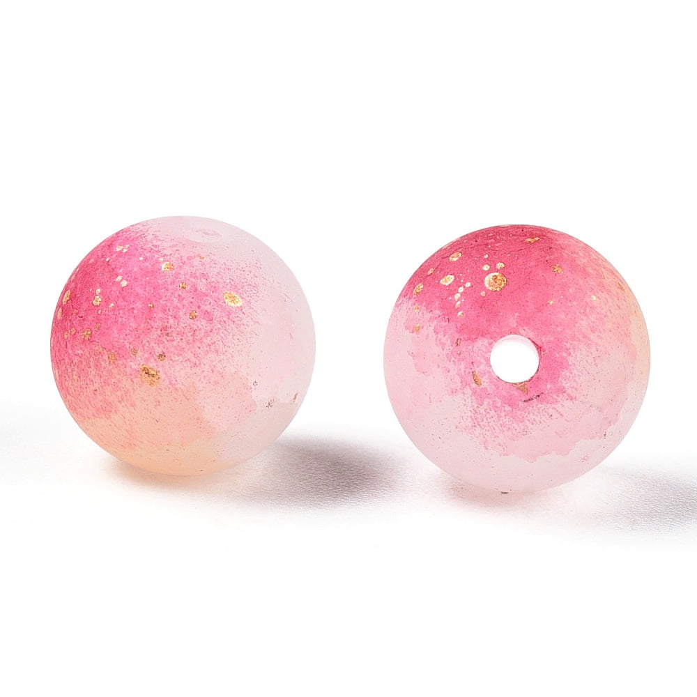 Frosted Baking Painted Glass Beads with Glitter Powder Two Tone Round Fuchsia 10x9.5mm Hole: 1.8mm about 780pcs/1000g
