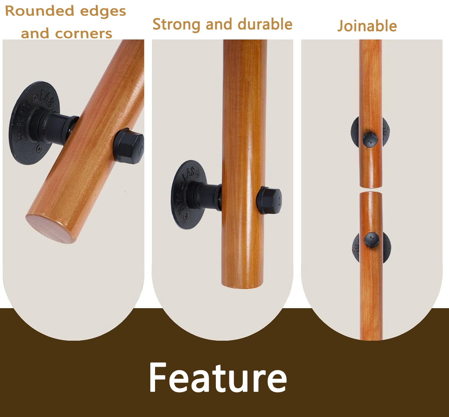 Petoto  Exquisite Solid Wood Staircase Handrail, 3.3ft Non-Slip Indoor Stair Railing for Home