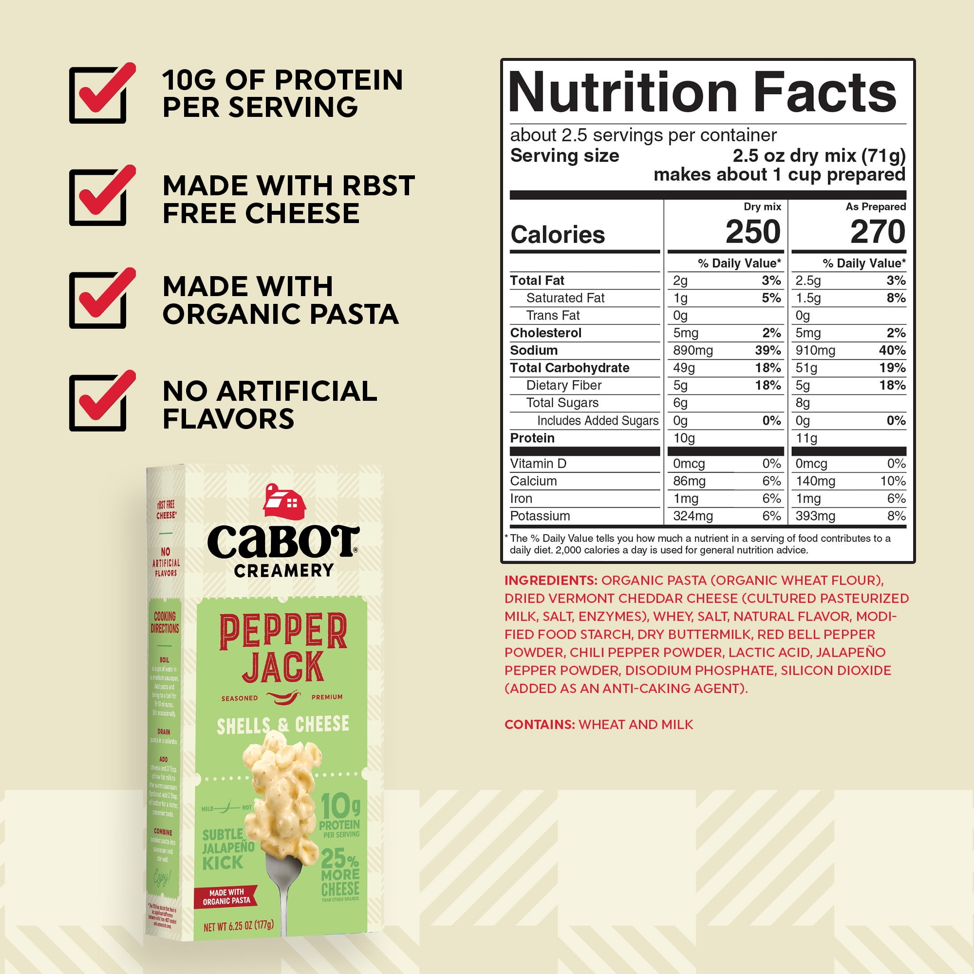 Cabot Pepper Jack Macaroni & Cheese Shells with Organic Pasta, 6.25 oz Box, Shelf-Stable
