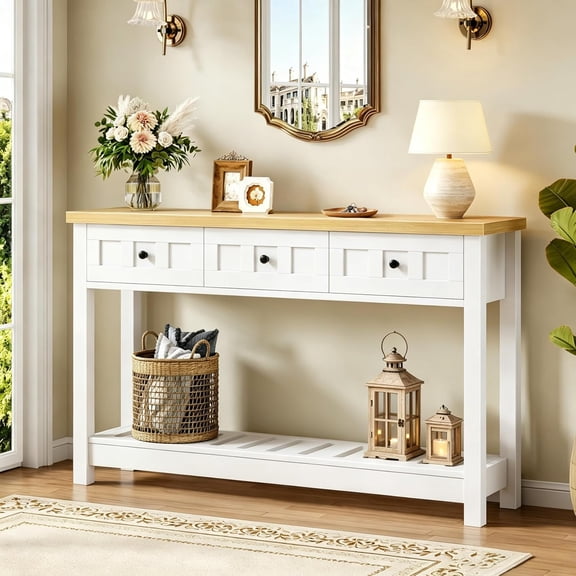 ChicZhiNest 47" Entryway Console Table with 3 Drawers & Open Storage Shelf, Wooden Sofa Table with Handles for Living Room, Hallway, Foyer, Entrance, White