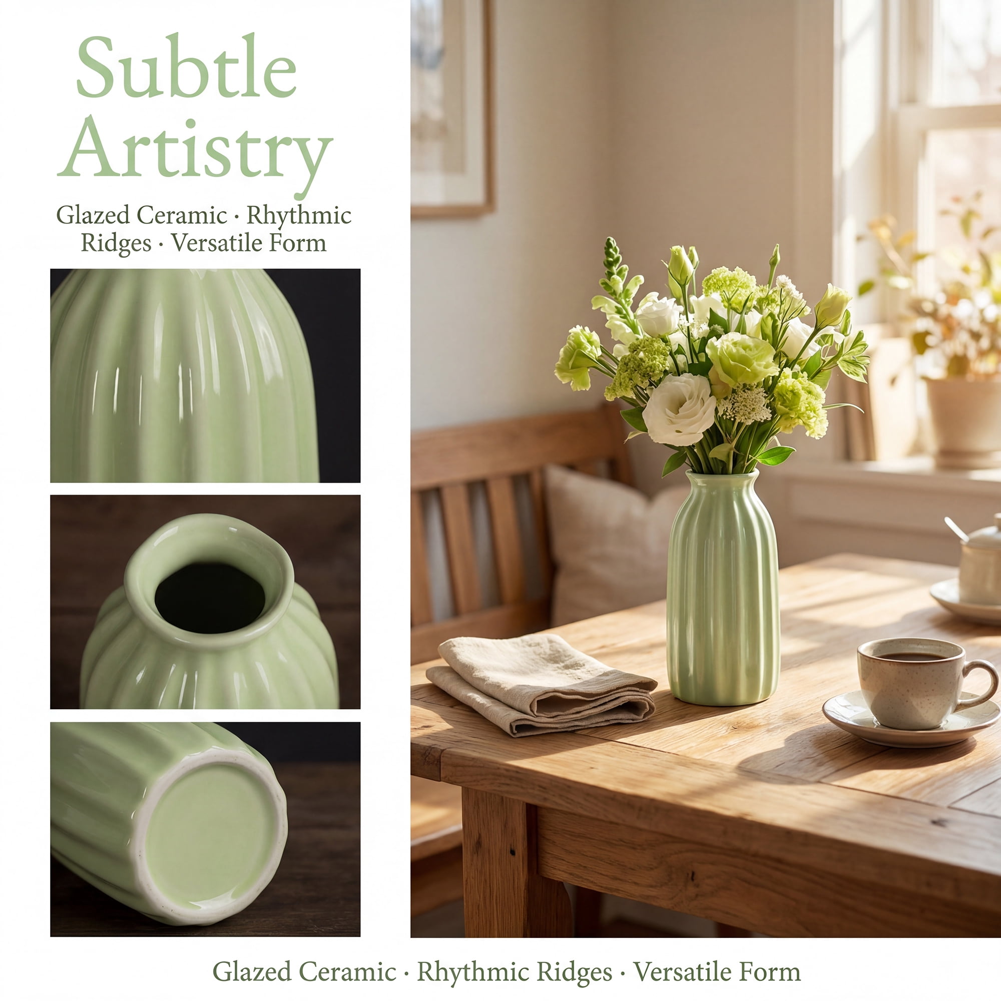 Unique Bargains Small Ceramic Vase Matte Ribbed Decorative Flower Vase for Bathroom Green