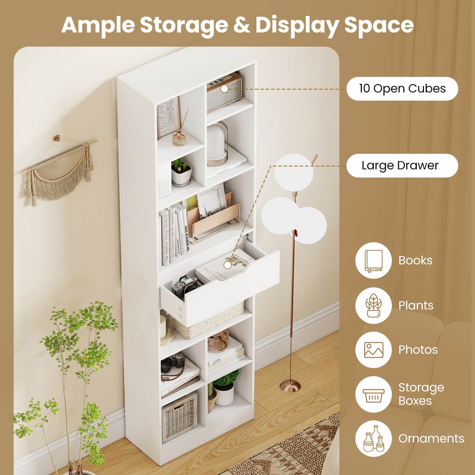 Costway 2 PCS 71”Bookcase with Drawer, 10 Open Cubes, Anti-toppling Kits for Study, Office White